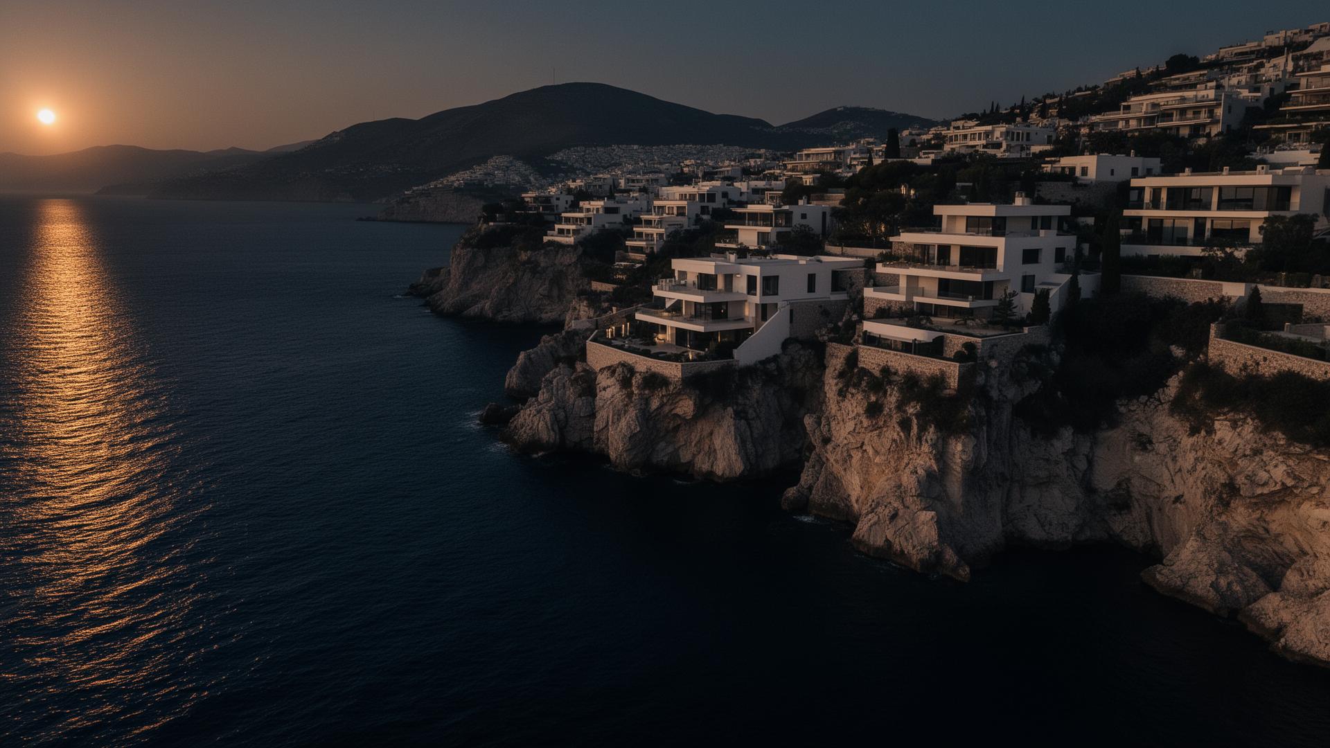 International luxury real estate coastline at twilight
